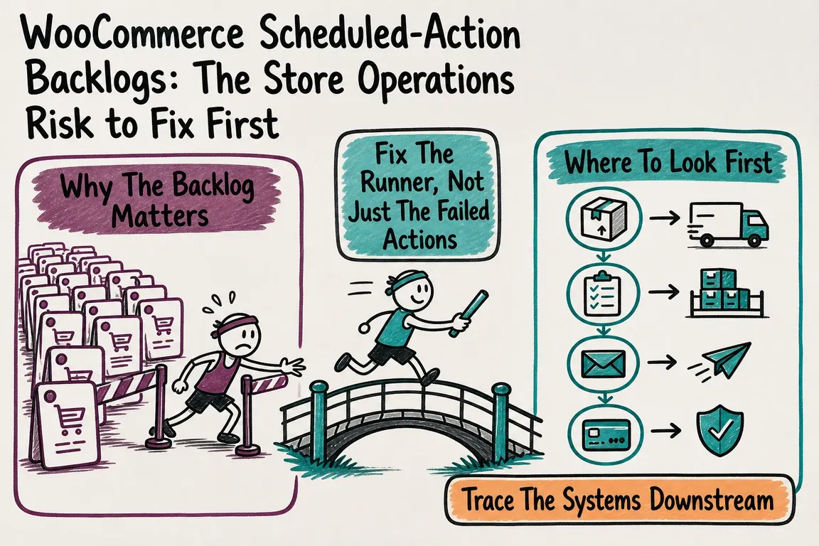 Illustrated infographic summarizing: WooCommerce Scheduled-Action Backlogs: The Store Operations Risk to Fix First