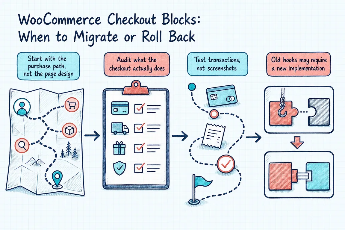 Illustrated infographic summarizing: WooCommerce Checkout Blocks: When to Migrate or Roll Back