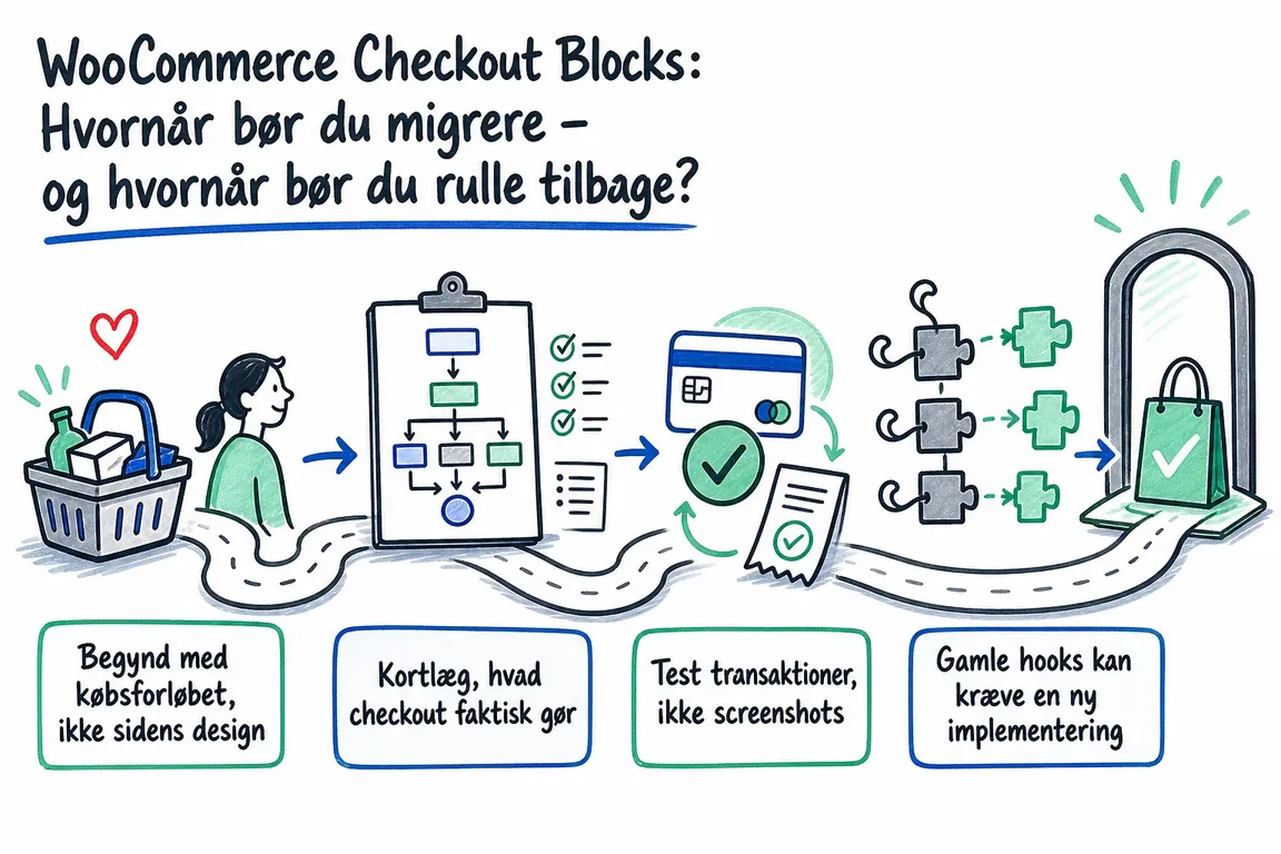 Illustreret infografik, der opsummerer: WooCommerce Checkout Blocks: Hvornår bør du migrere – og hvornår bør du rulle tilbage?