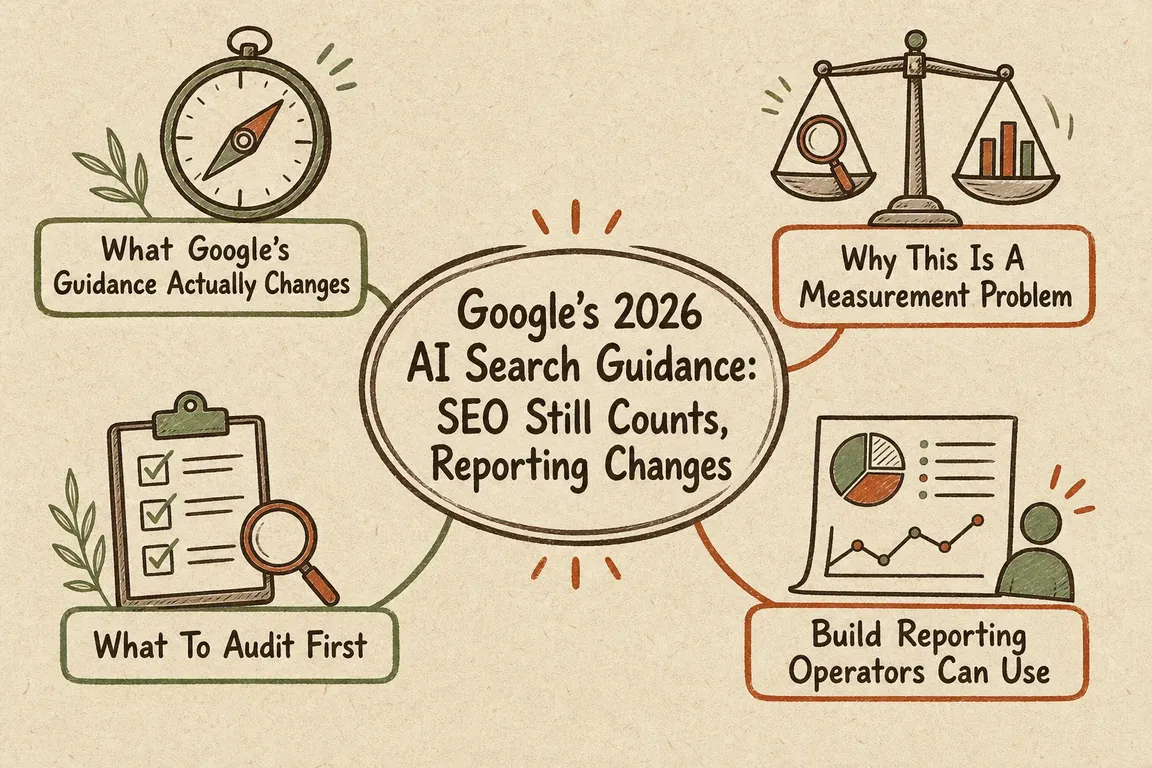 Illustrated infographic summarizing: Google’s 2026 AI Search Guidance: SEO Still Counts, Reporting Changes