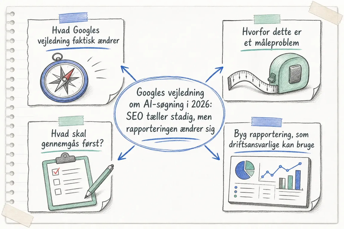 Illustreret infografik, der opsummerer: Googles vejledning om AI-søgning i 2026: SEO tæller stadig, men rapporteringen ændrer sig