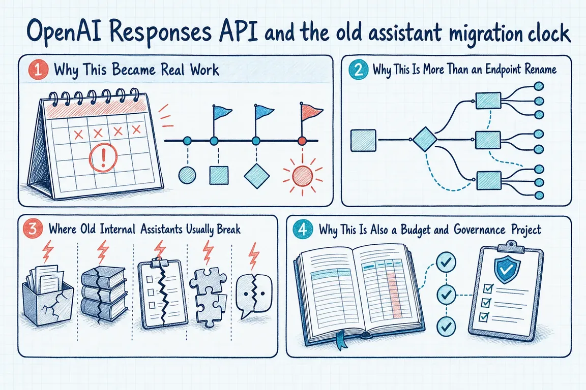 Illustrated infographic summarizing: OpenAI Responses API and the old assistant migration clock