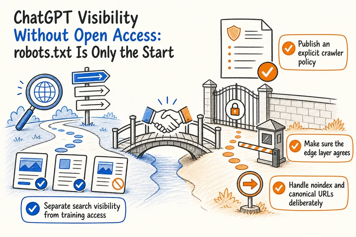 Illustrated infographic summarizing: ChatGPT Visibility Without Open Access: robots.txt Is Only the Start