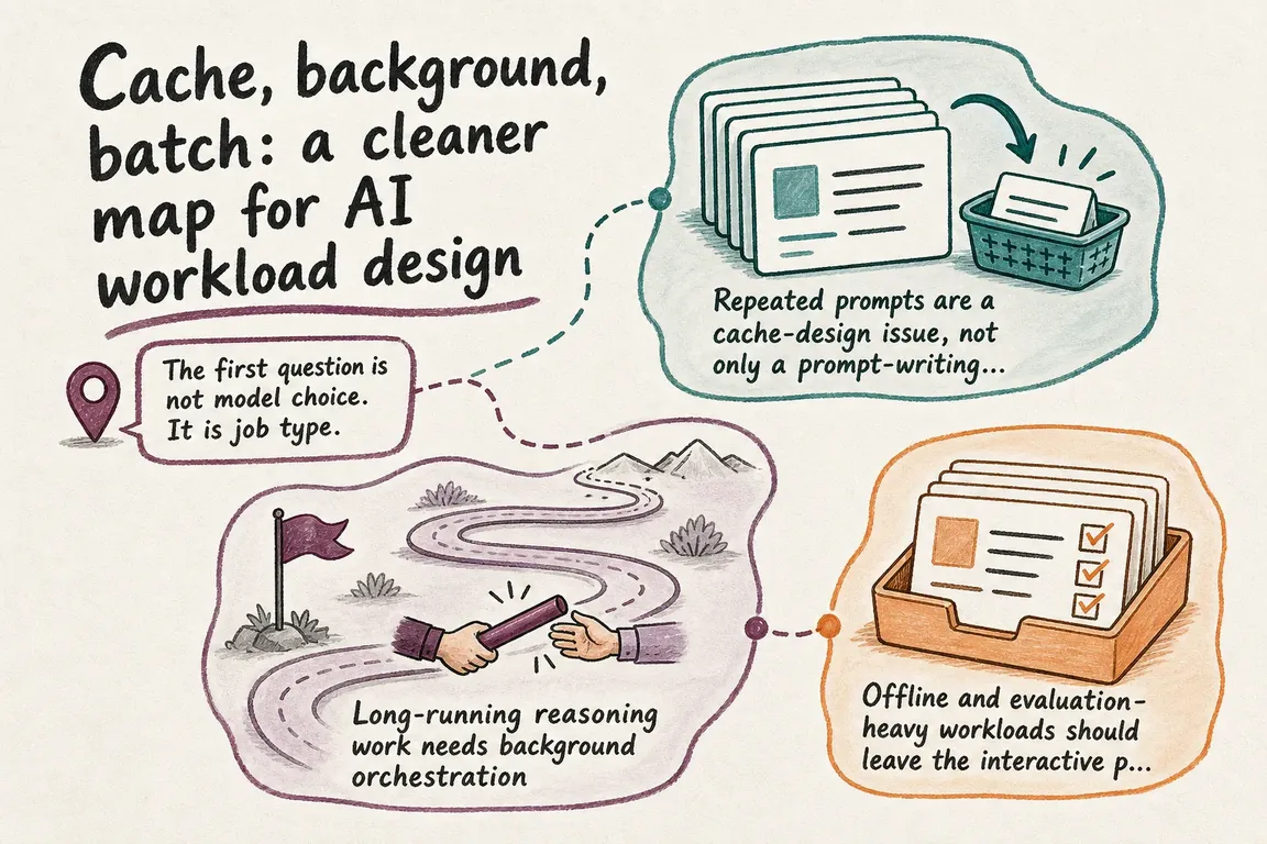Illustrated infographic summarizing: Cache, background, batch: a cleaner map for AI workload design