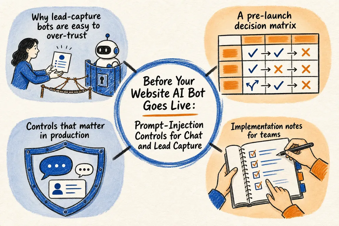 Illustrated infographic summarizing: Before Your Website AI Bot Goes Live: Prompt-Injection Controls for Chat and Lead Capture
