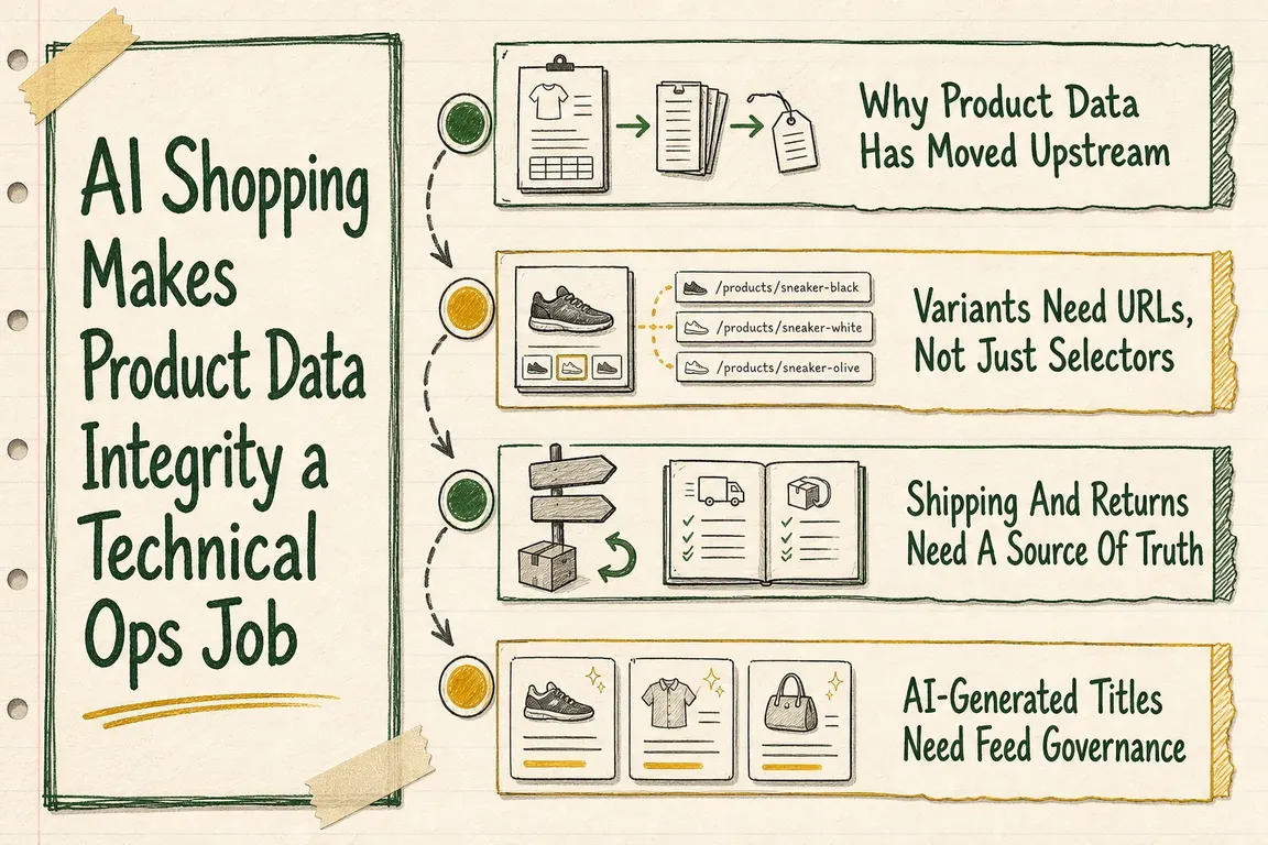 Illustrated infographic summarizing: AI Shopping Makes Product Data Integrity a Technical Ops Job