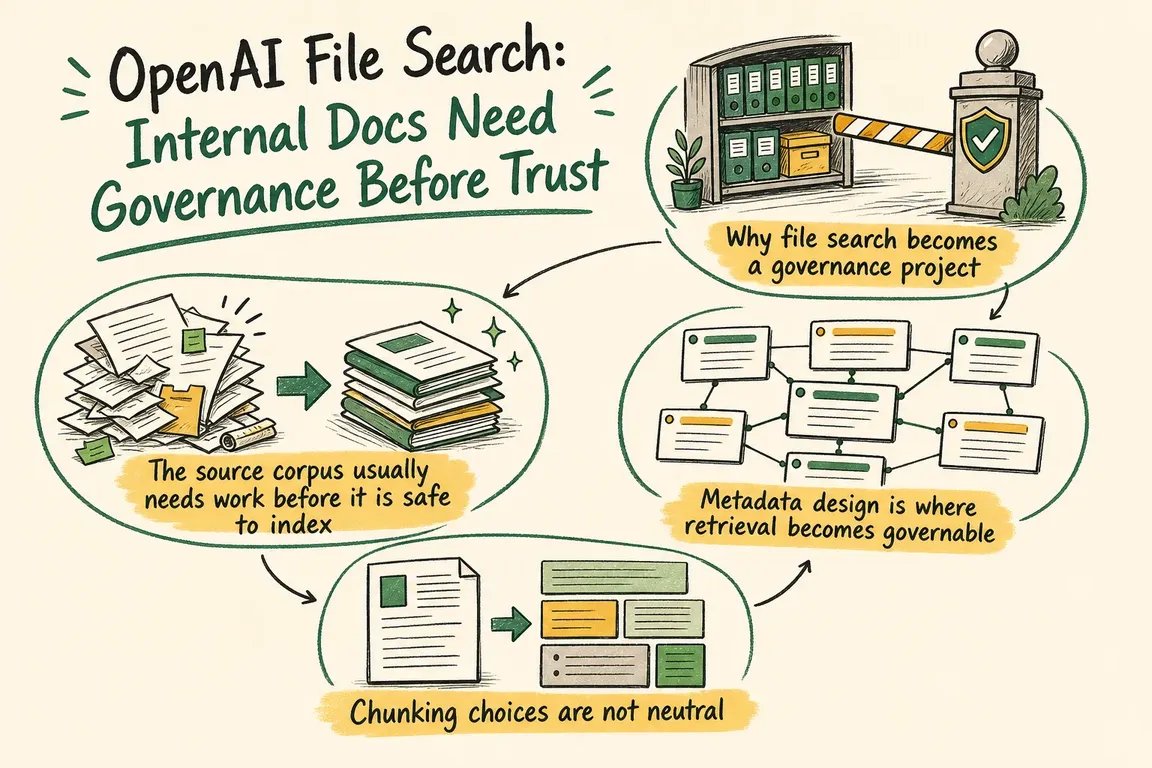 Illustrated infographic summarizing: OpenAI File Search: Internal Docs Need Governance Before Trust