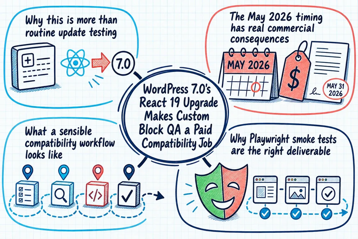 Illustrated infographic summarizing: WordPress 7.0's React 19 Upgrade Makes Custom Block QA a Paid Compatibility Job