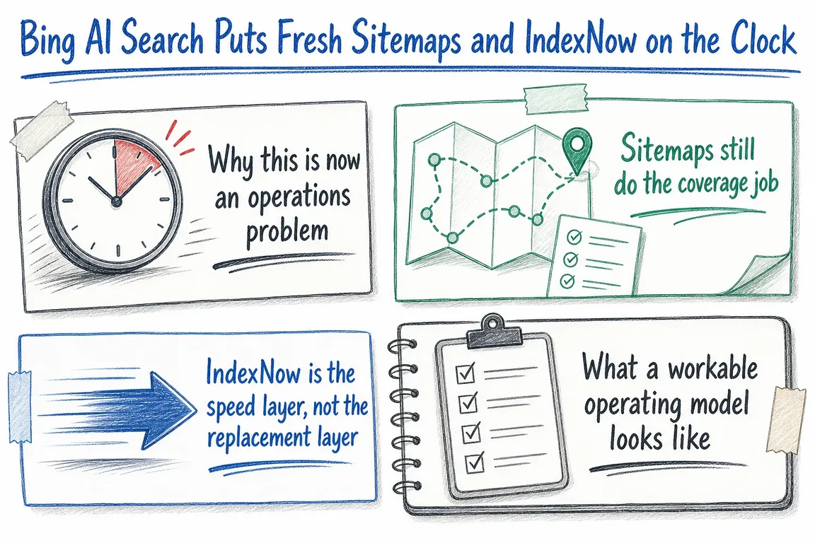 Illustrated infographic summarizing: Bing AI Search Puts Fresh Sitemaps and IndexNow on the Clock
