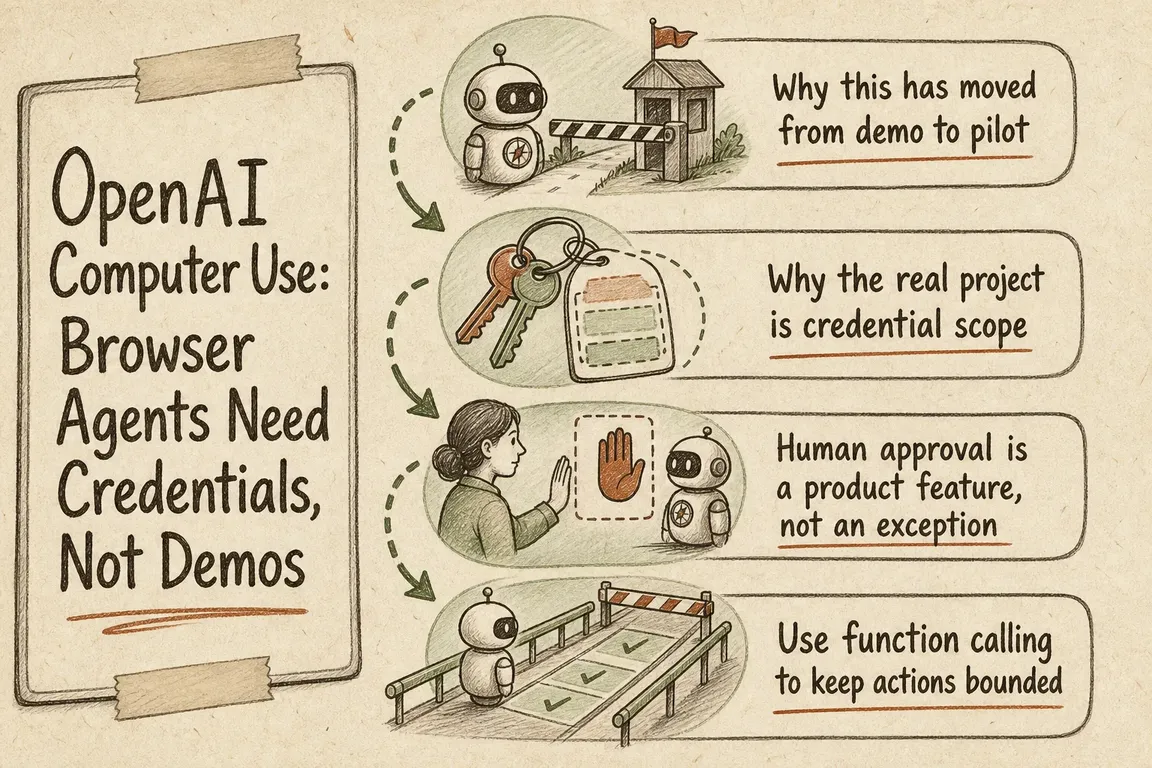 Illustrated infographic summarizing: OpenAI Computer Use: Browser Agents Need Credentials, Not Demos