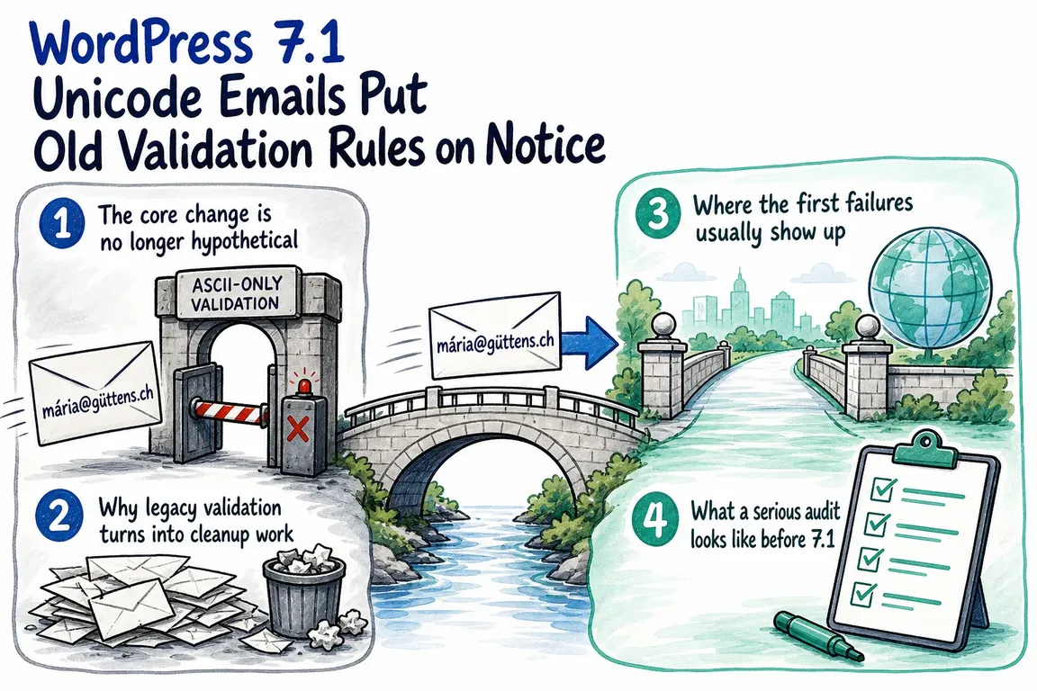 Illustrated infographic summarizing: WordPress 7.1 Unicode Emails Put Old Validation Rules on Notice