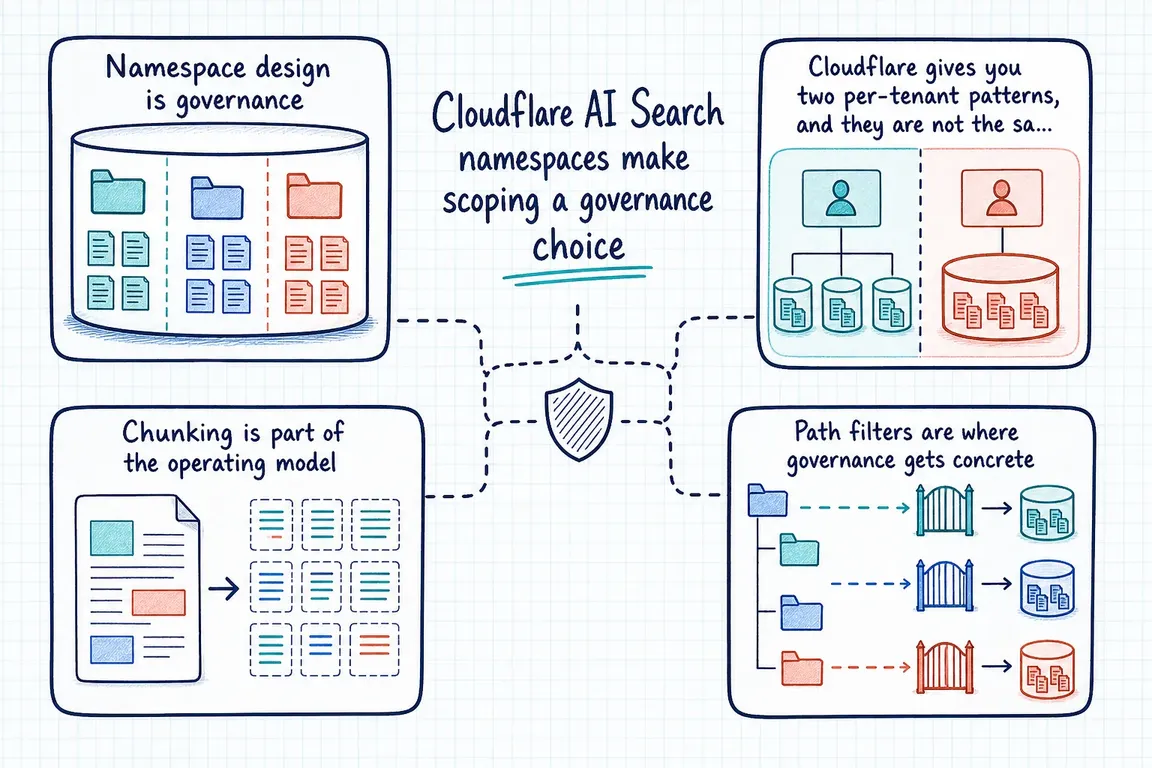 Illustrated infographic summarizing: Cloudflare AI Search namespaces make scoping a governance choice