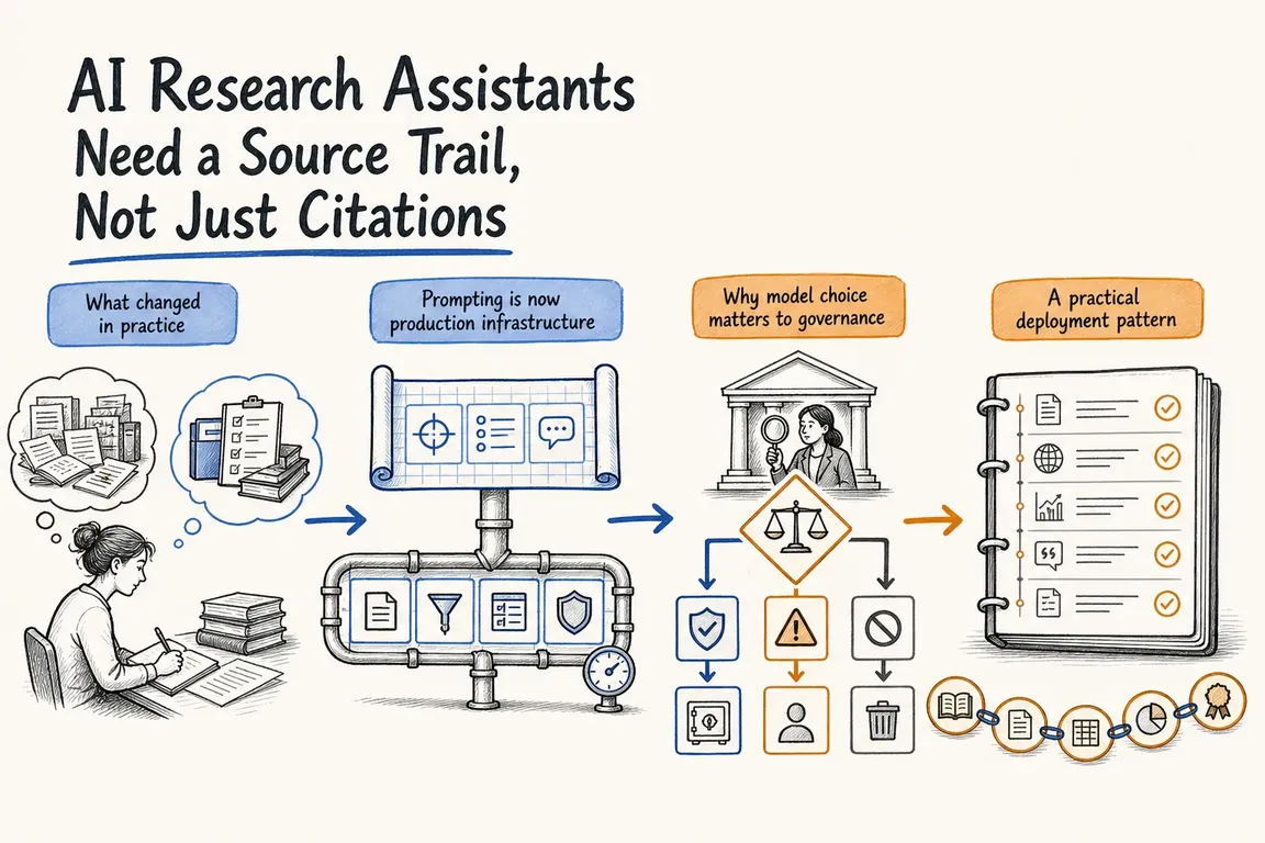 Illustrated infographic summarizing: AI Research Assistants Need a Source Trail, Not Just Citations