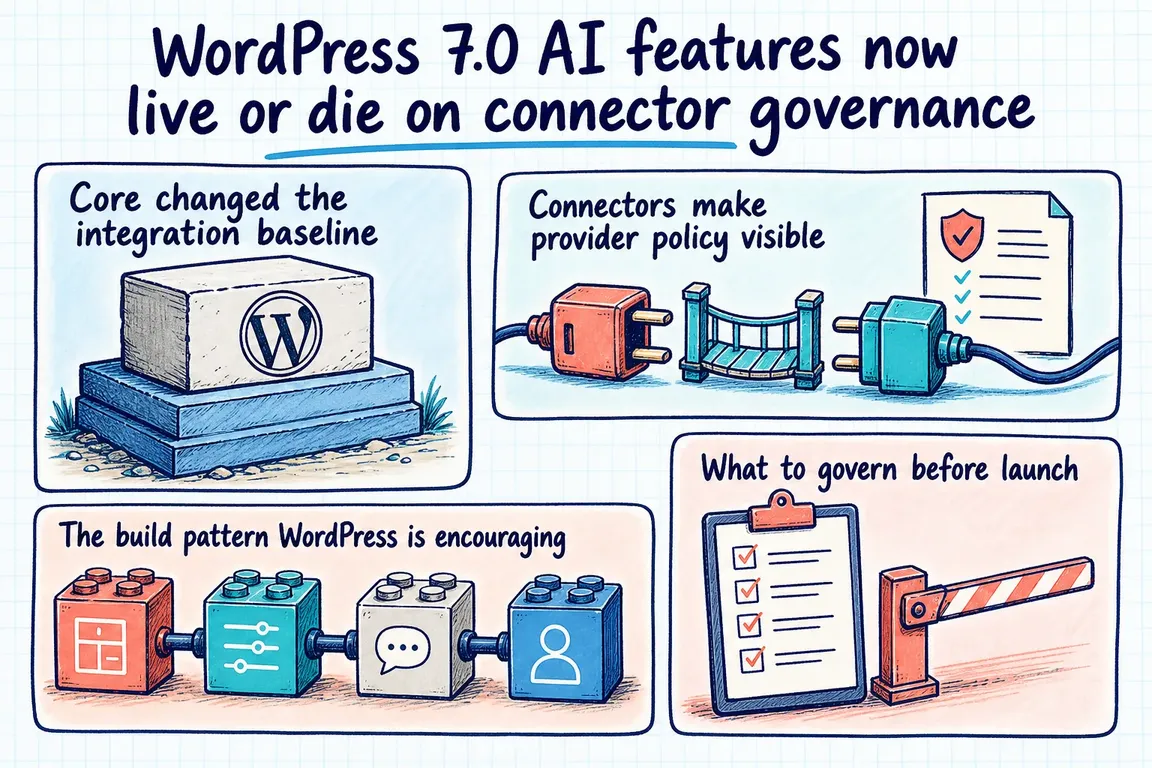 Illustrated infographic summarizing: WordPress 7.0 AI features now live or die on connector governance