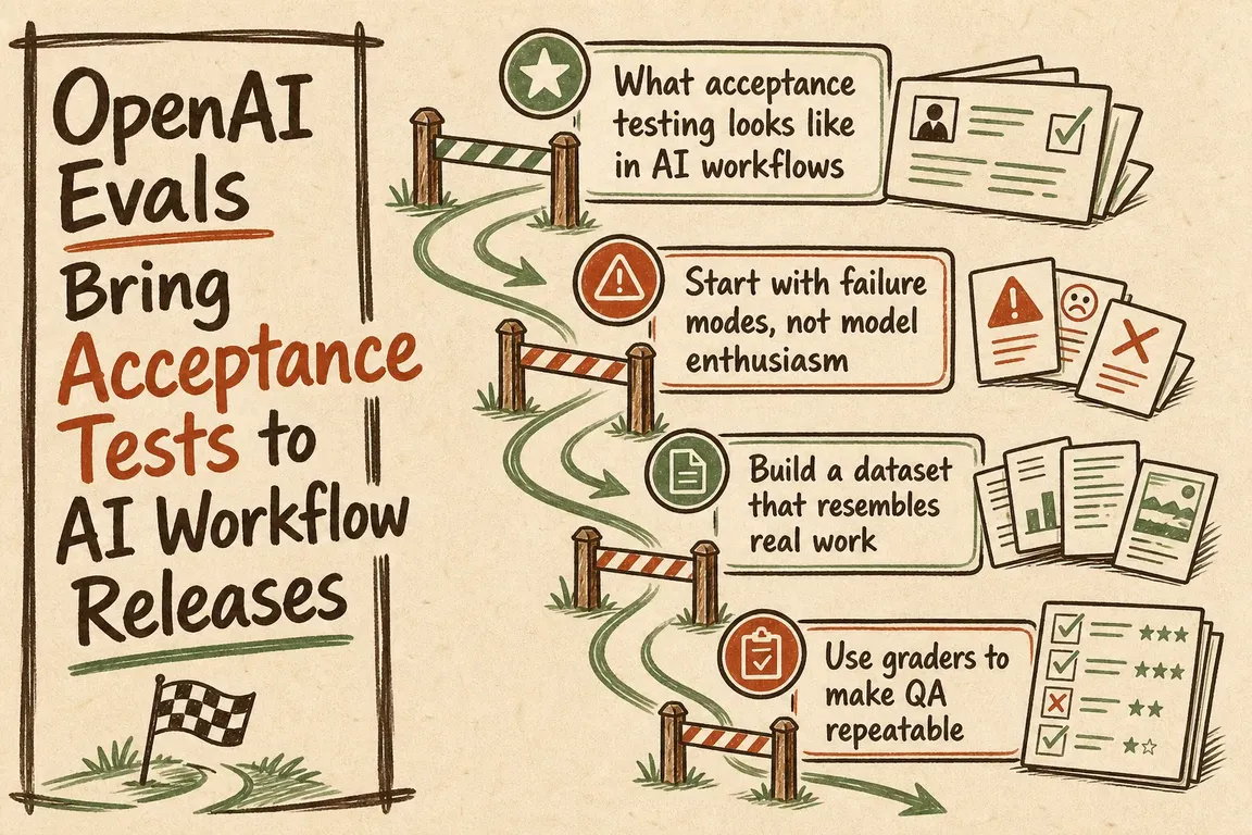 Illustrated infographic summarizing: OpenAI Evals Bring Acceptance Tests to AI Workflow Releases