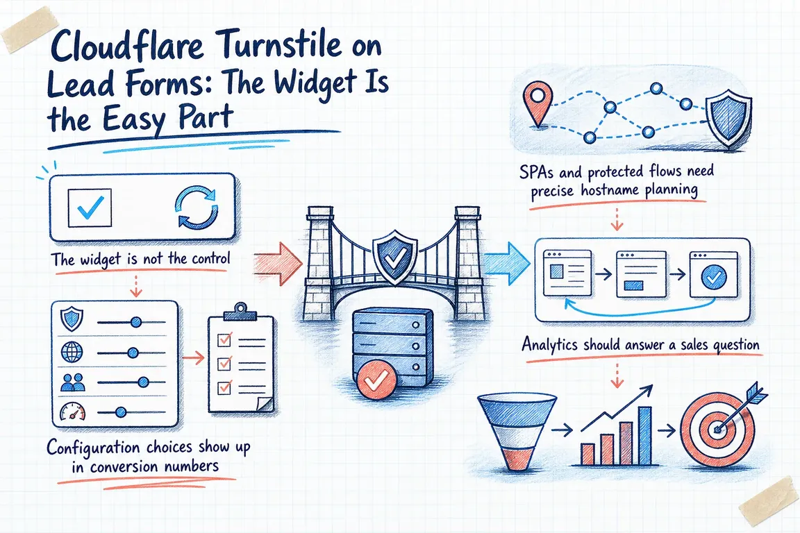 Illustrated infographic summarizing: Cloudflare Turnstile on Lead Forms: The Widget Is the Easy Part