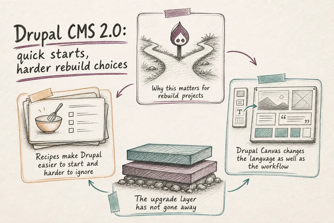 Illustrated infographic summarizing: Drupal CMS 2.0: quick starts, harder rebuild choices
