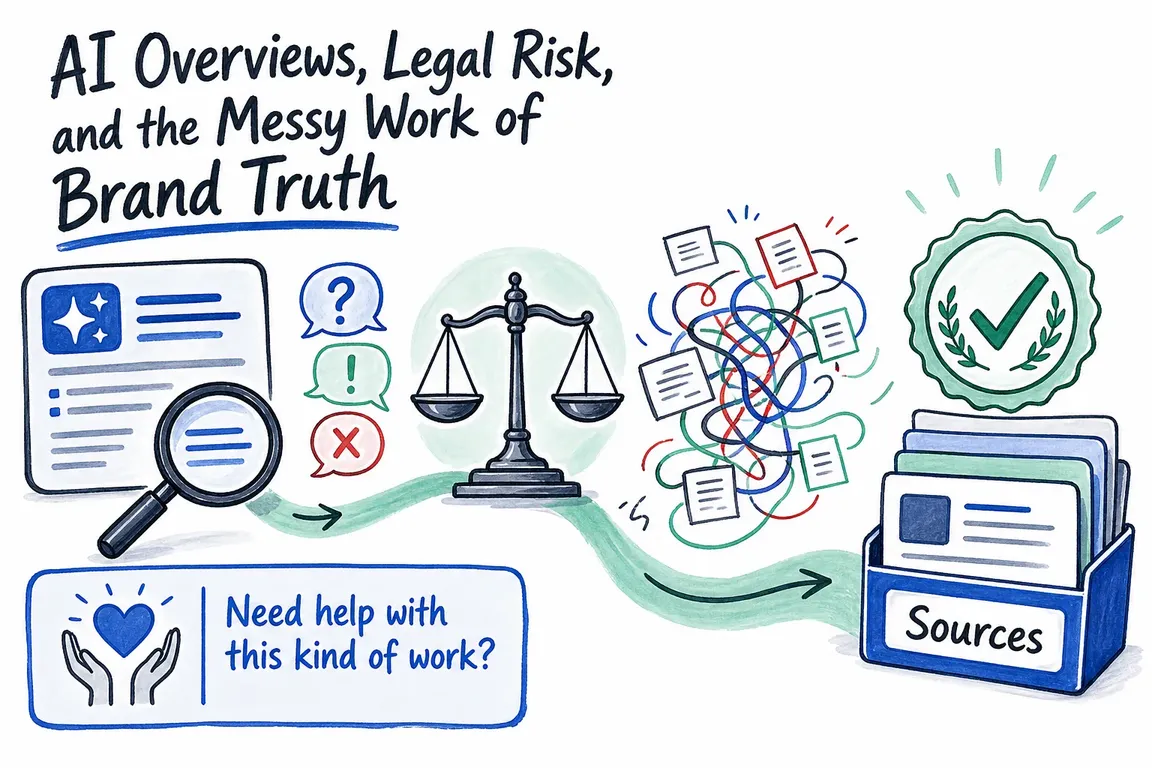 Illustrated infographic summarizing: AI Overviews, Legal Risk, and the Messy Work of Brand Truth