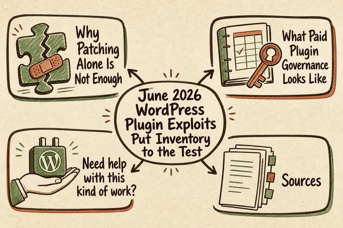 Illustrated infographic summarizing: June 2026 WordPress Plugin Exploits Put Inventory to the Test