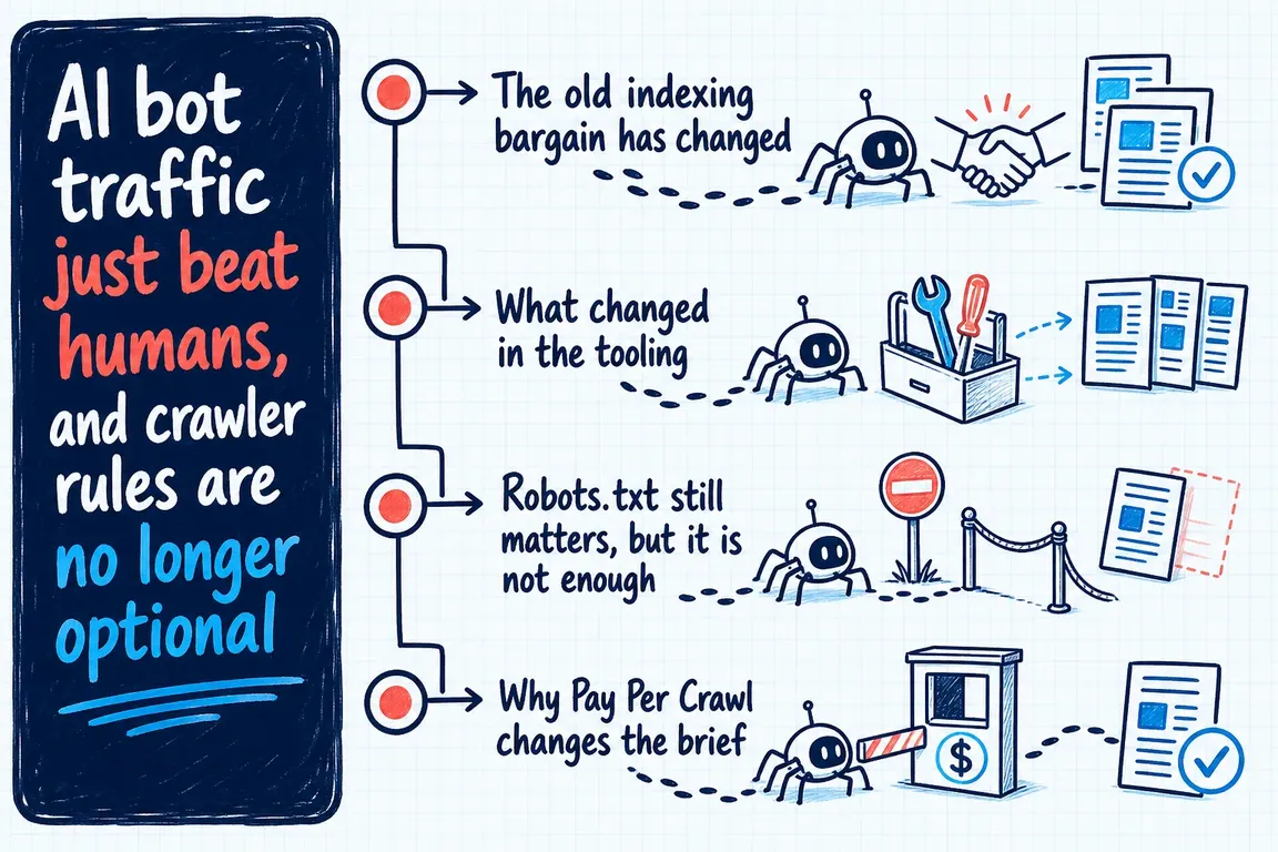 Illustrated infographic summarizing: AI bot traffic just beat humans, and crawler rules are no longer optional