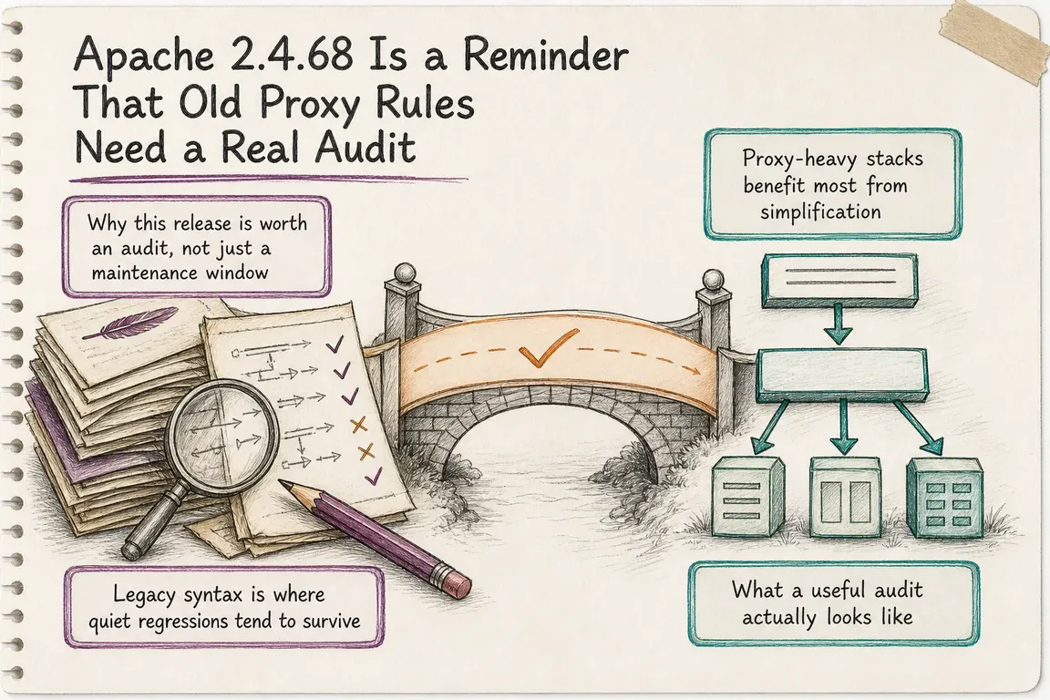 Illustrated infographic summarizing: Apache 2.4.68 Is a Reminder That Old Proxy Rules Need a Real Audit