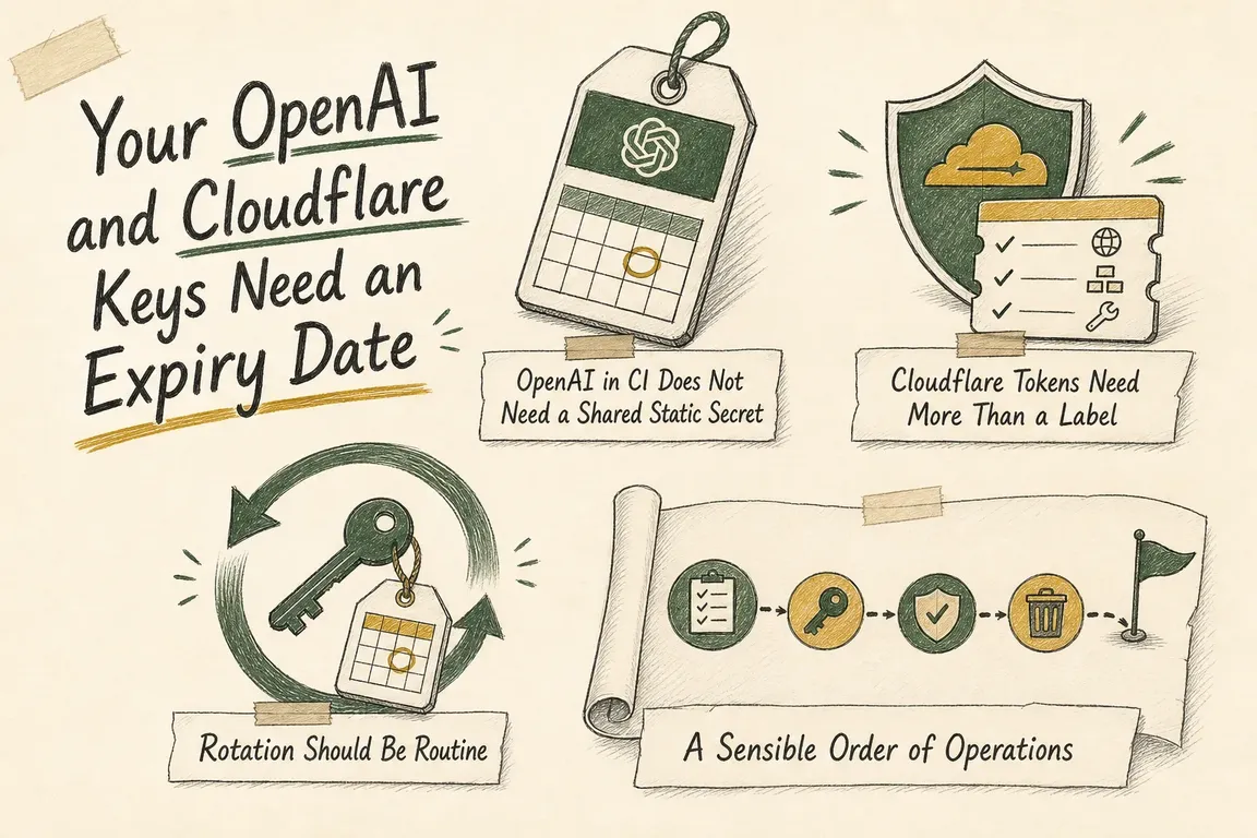 Illustrated infographic summarizing: Your OpenAI and Cloudflare Keys Need an Expiry Date