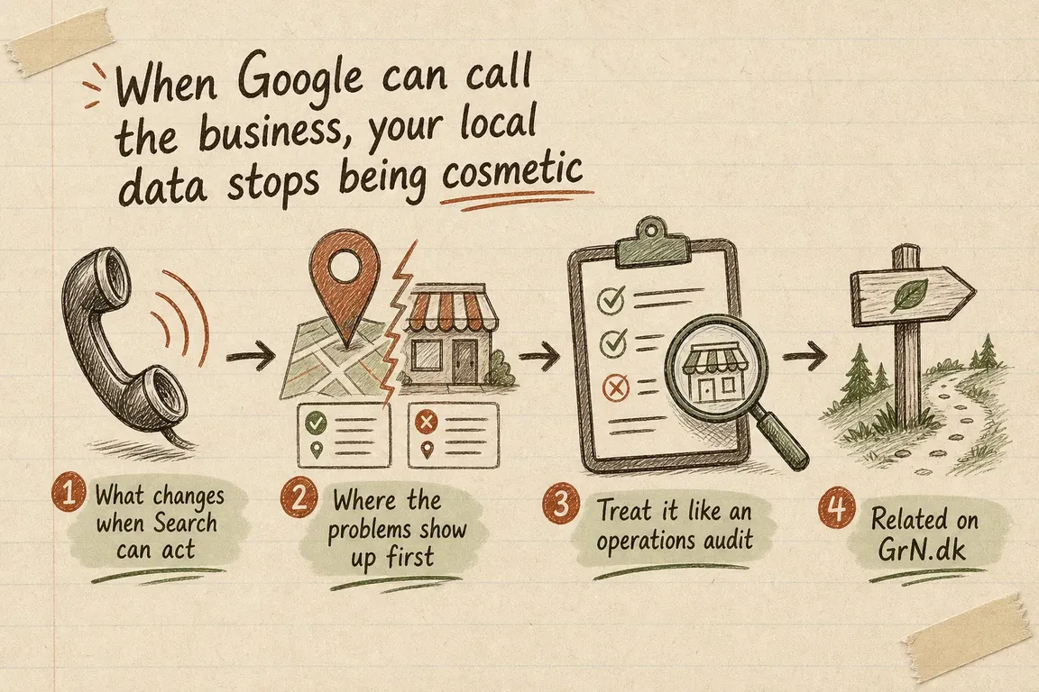 Illustrated infographic summarizing: When Google can call the business, your local data stops being cosmetic