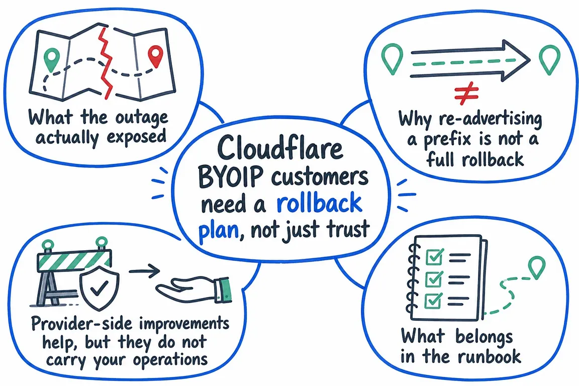Illustrated infographic summarizing: Cloudflare BYOIP customers need a rollback plan, not just trust