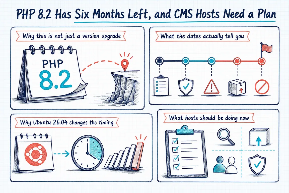 Illustrated infographic summarizing: PHP 8.2 Has Six Months Left, and CMS Hosts Need a Plan