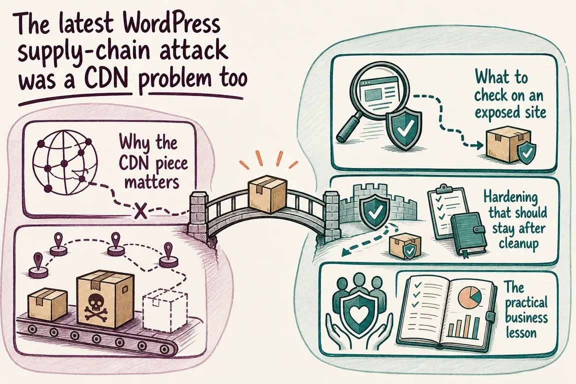 Illustrated infographic summarizing: The latest WordPress supply-chain attack was a CDN problem too