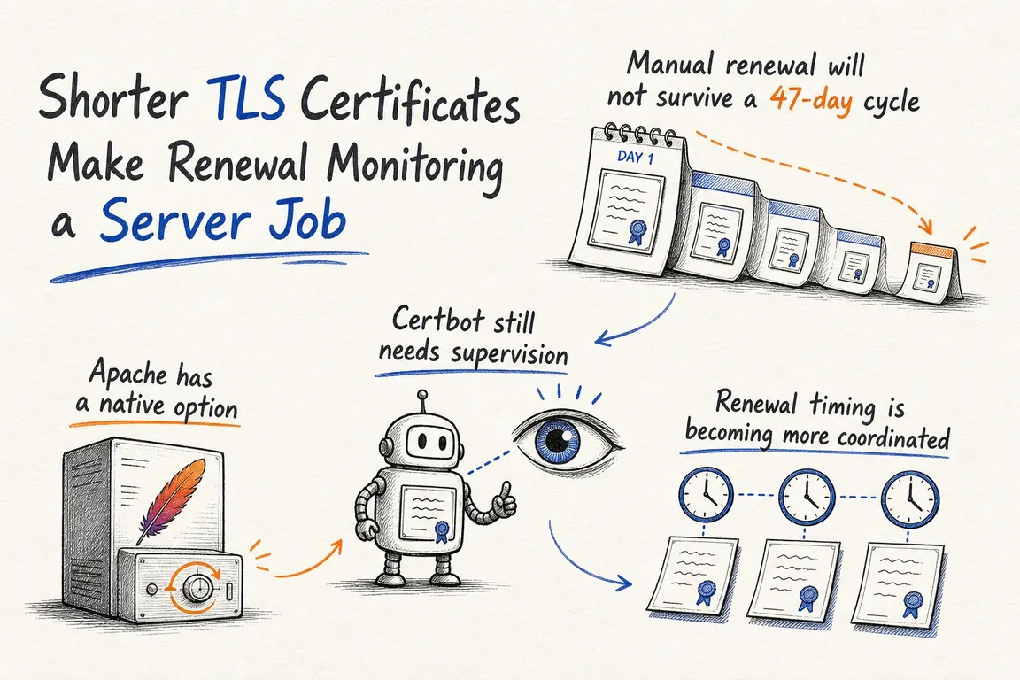 Illustrated infographic summarizing: Shorter TLS Certificates Make Renewal Monitoring a Server Job