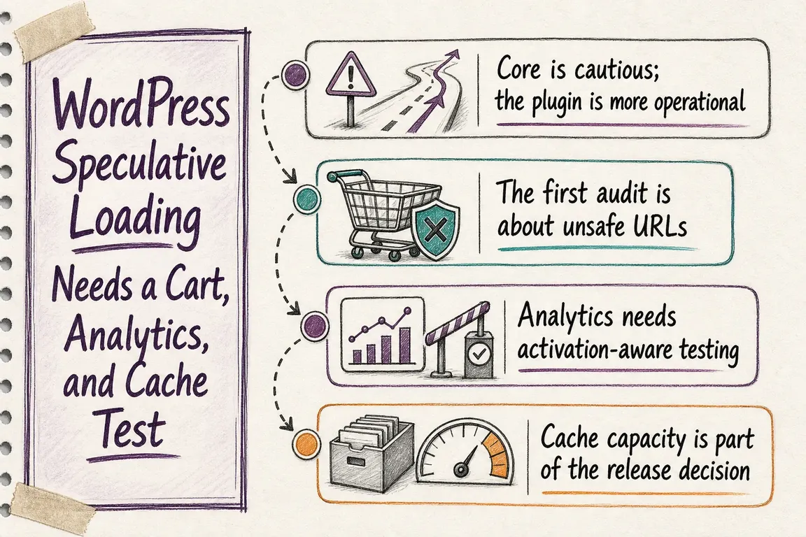 Illustrated infographic summarizing: WordPress Speculative Loading Needs a Cart, Analytics, and Cache Test