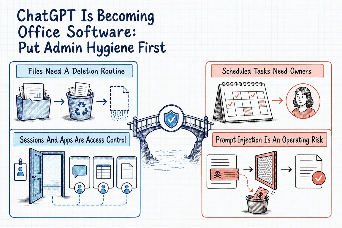 Illustrated infographic summarizing: ChatGPT Is Becoming Office Software: Put Admin Hygiene First