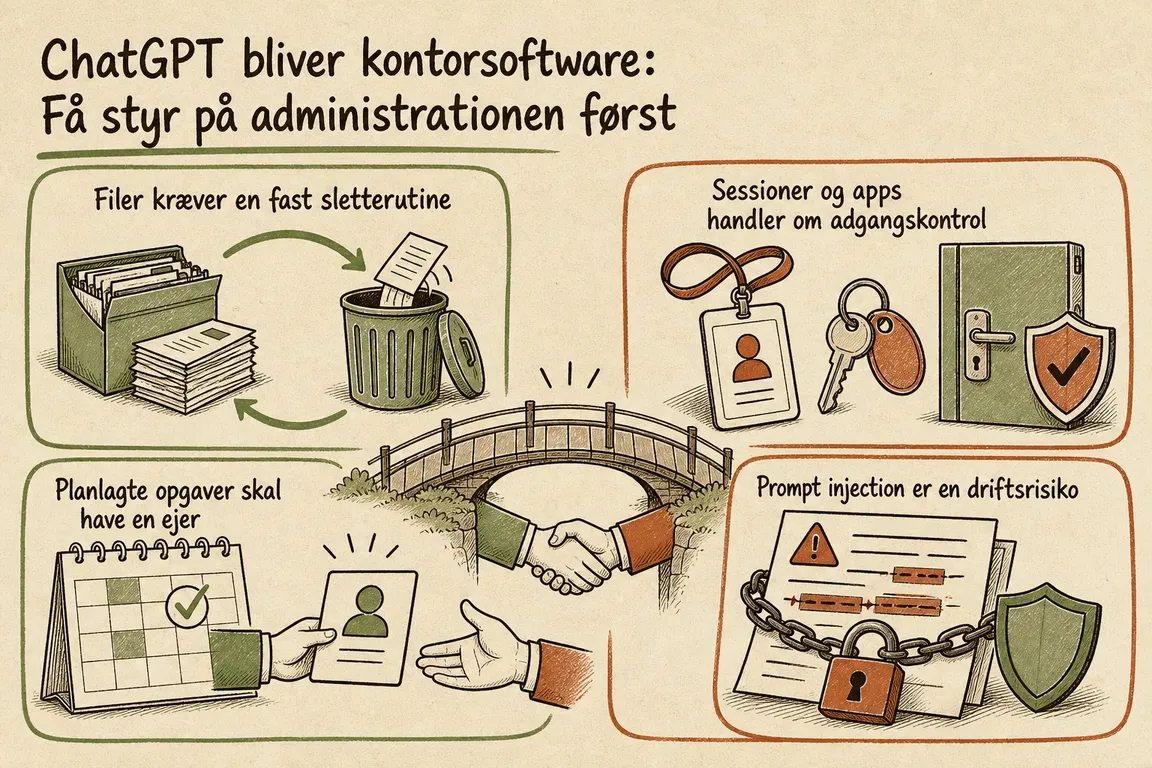 Illustreret infografik, der opsummerer: ChatGPT bliver kontorsoftware: Få styr på administrationen først