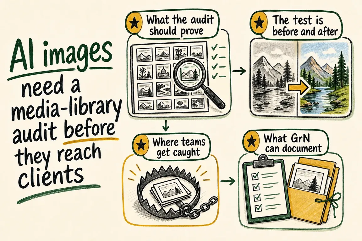 Illustrated infographic summarizing: AI images need a media-library audit before they reach clients