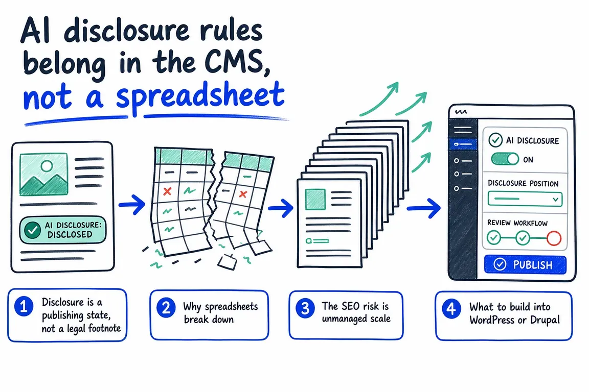 Illustrated infographic summarizing: AI disclosure rules belong in the CMS, not a spreadsheet