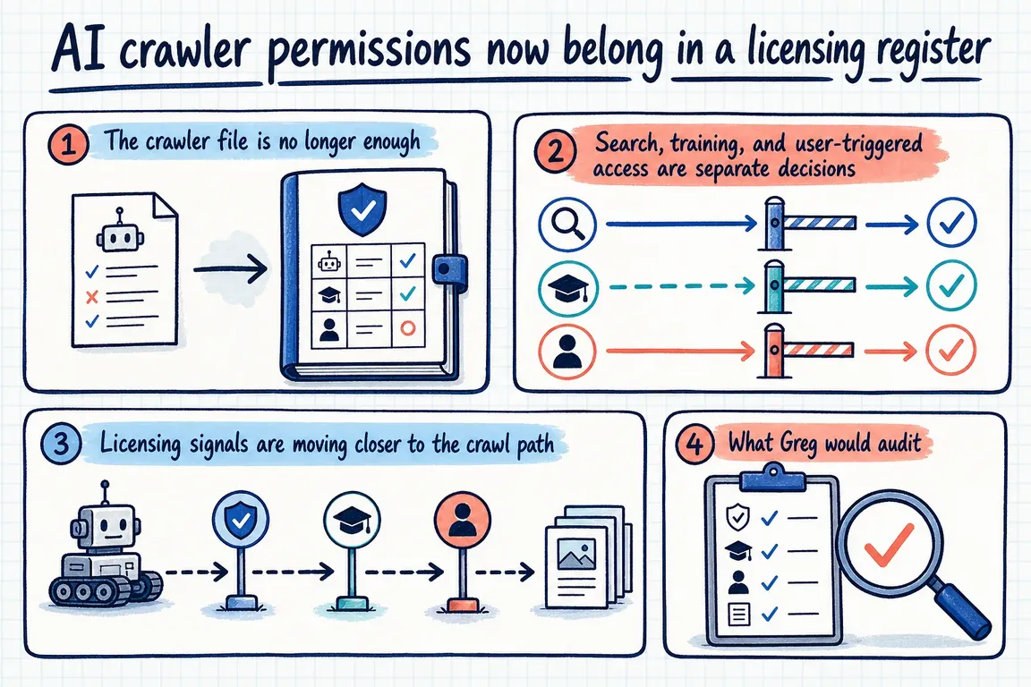 Illustrated infographic summarizing: AI crawler permissions now belong in a licensing register