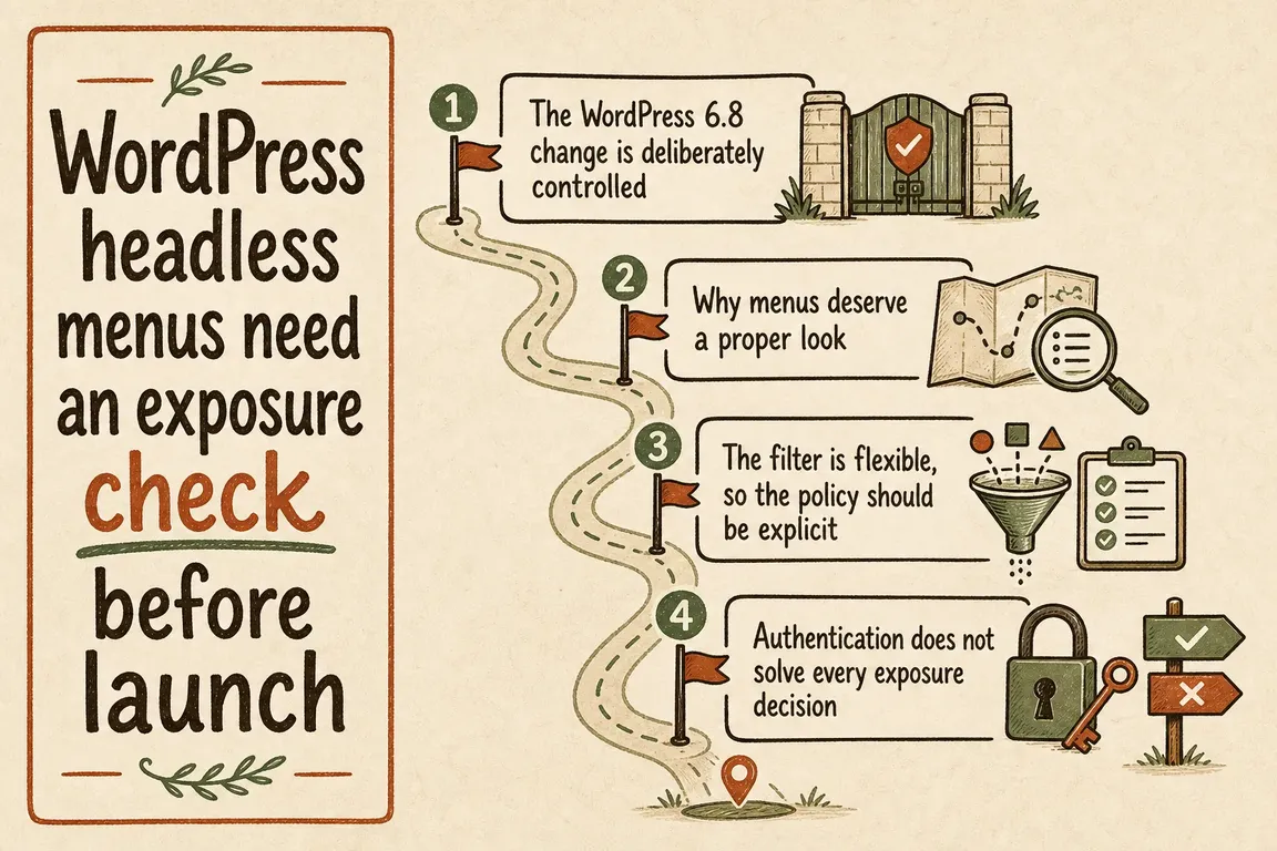 Illustrated infographic summarizing: WordPress headless menus need an exposure check before launch