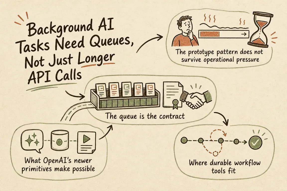Illustrated infographic summarizing: Background AI Tasks Need Queues, Not Just Longer API Calls