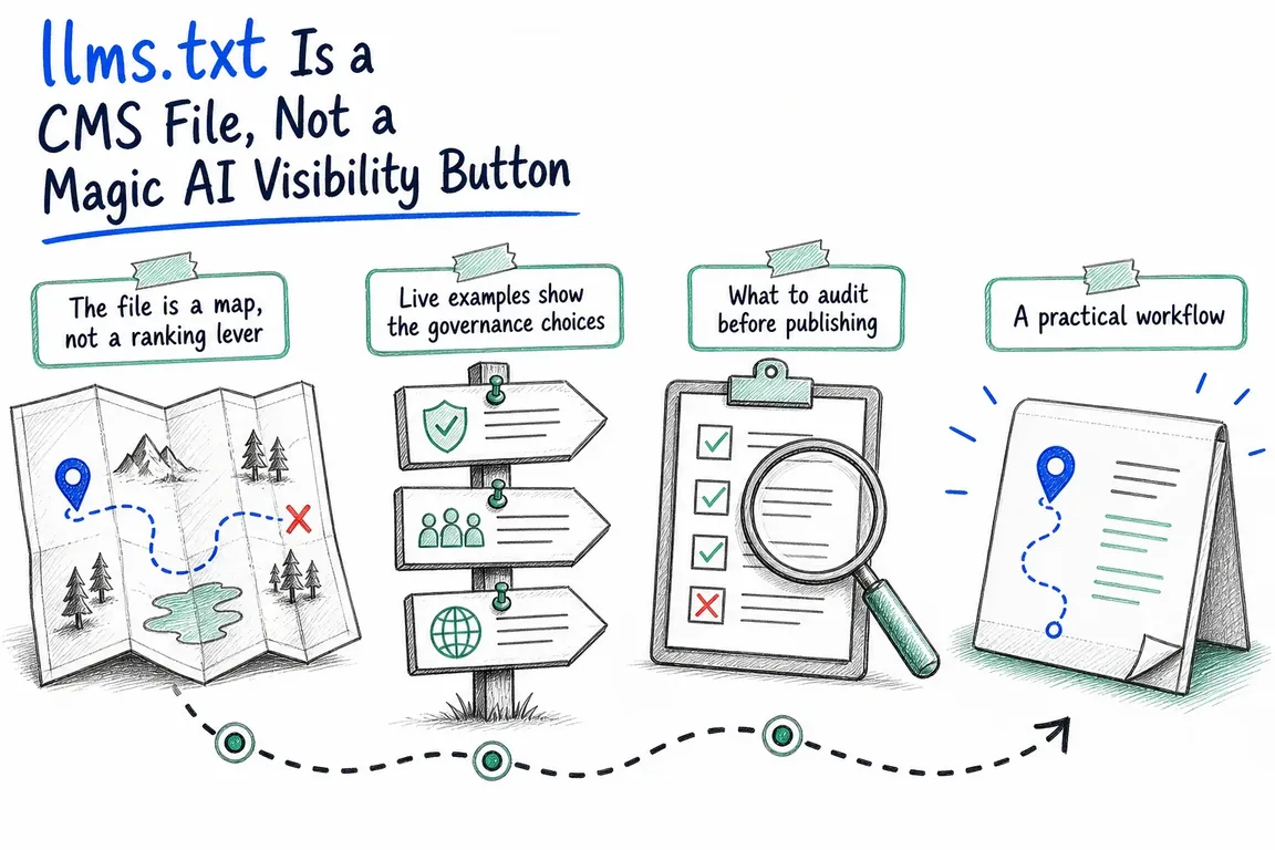 Illustrated infographic summarizing: llms.txt Is a CMS File, Not a Magic AI Visibility Button