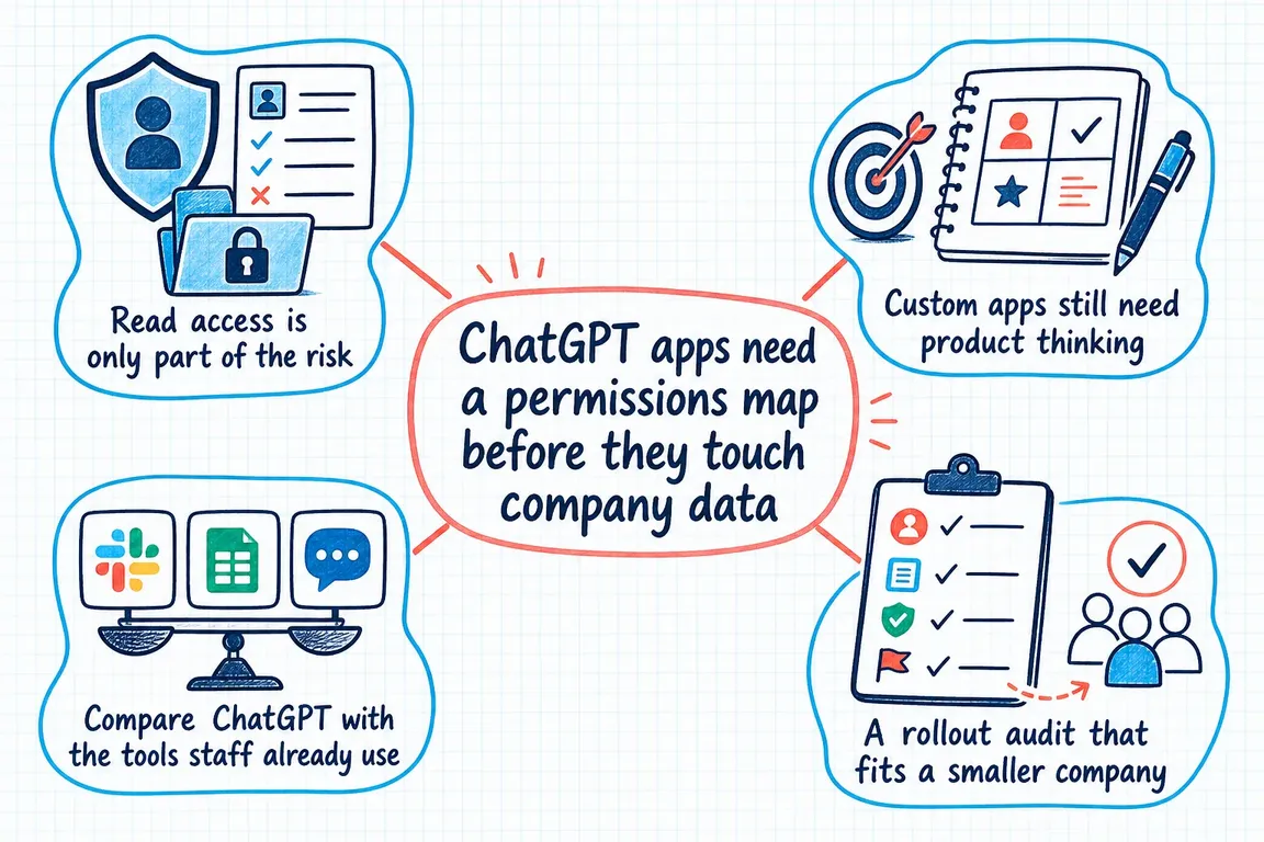 Illustrated infographic summarizing: ChatGPT apps need a permissions map before they touch company data