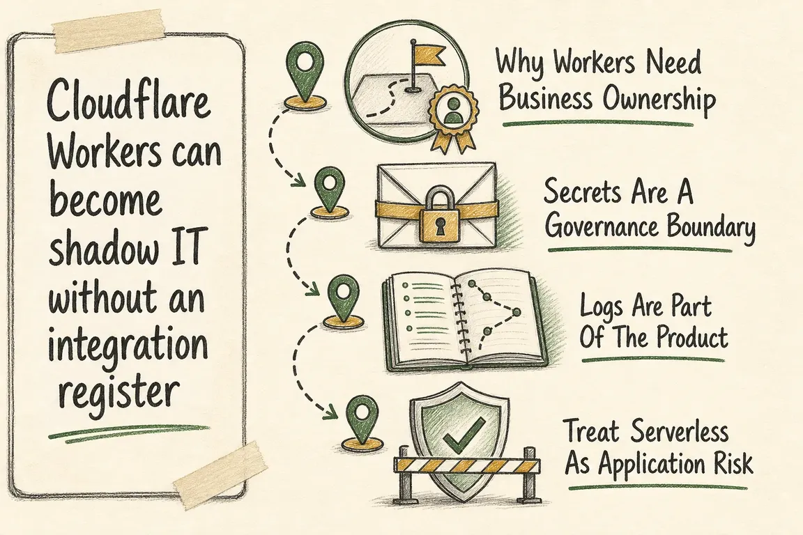 Illustrated infographic summarizing: Cloudflare Workers can become shadow IT without an integration register