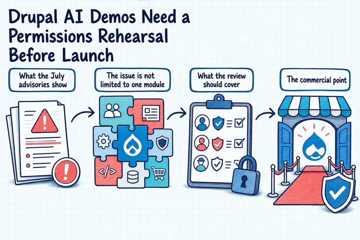 Illustrated infographic summarizing: Drupal AI Demos Need a Permissions Rehearsal Before Launch