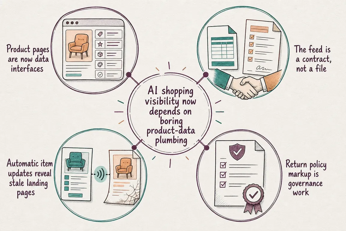 Illustrated infographic summarizing: AI shopping visibility now depends on boring product-data plumbing