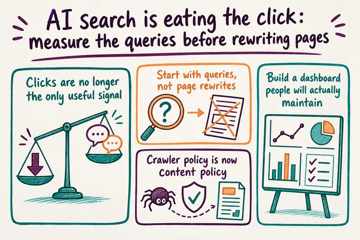 Illustrated infographic summarizing: AI search is eating the click: measure the queries before rewriting pages