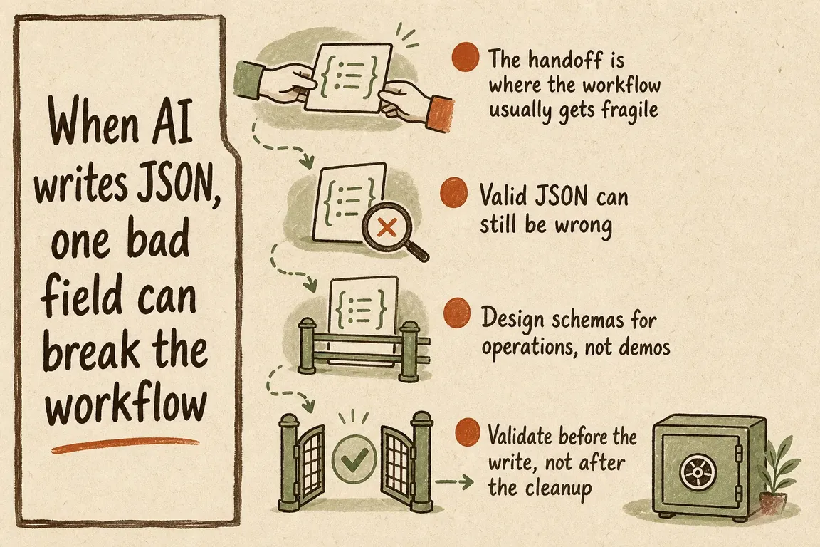 Illustrated infographic summarizing: When AI writes JSON, one bad field can break the workflow