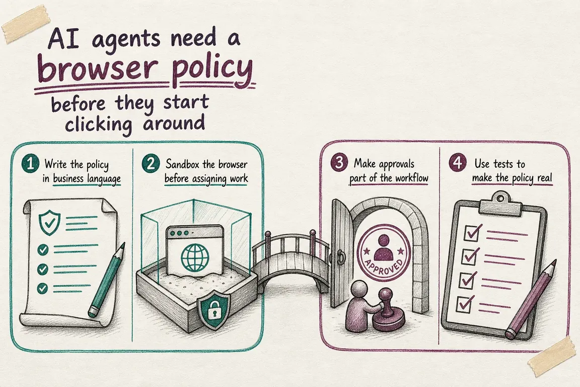 Illustrated infographic summarizing: AI agents need a browser policy before they start clicking around