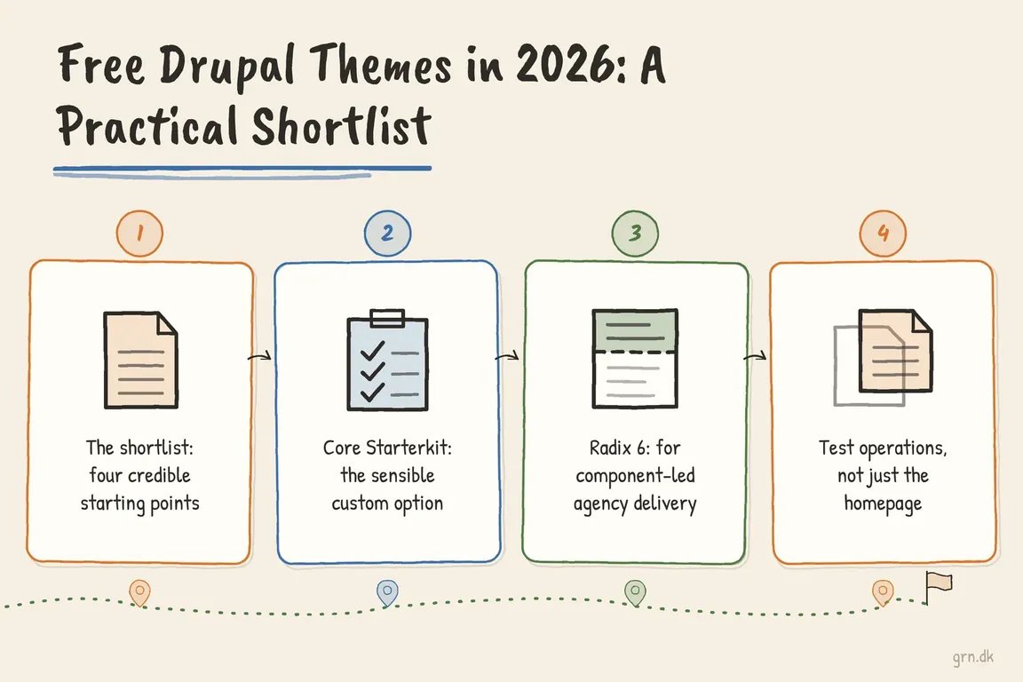 Illustrated infographic summarizing: Free Drupal Themes in 2026: A Practical Shortlist