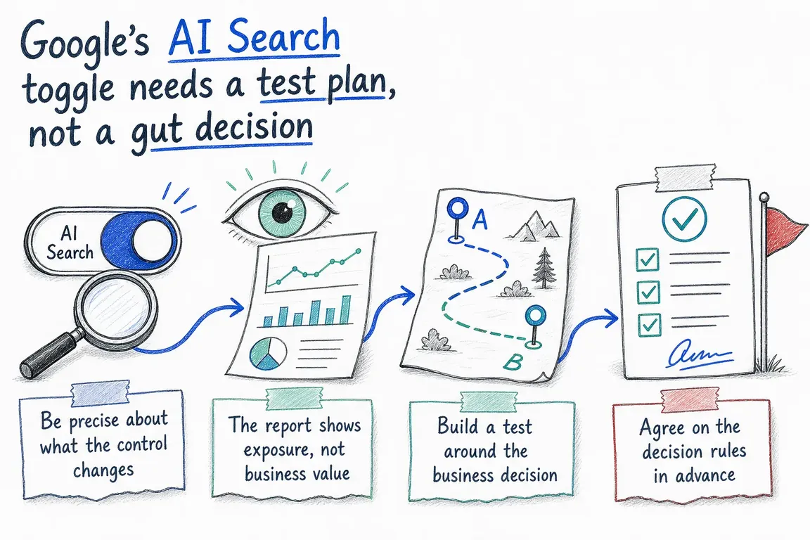 Illustrated infographic summarizing: Google’s AI Search toggle needs a test plan, not a gut decision