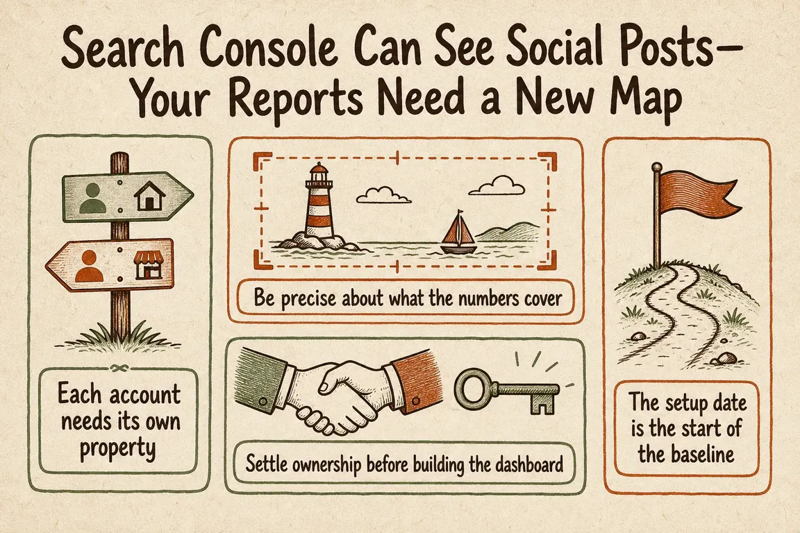 Illustrated infographic summarizing: Search Console Can See Social Posts—Your Reports Need a New Map